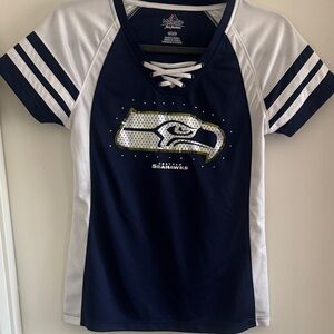 Seattle Seahawks Majestic Blue and White Women's Lace-Up Jersey